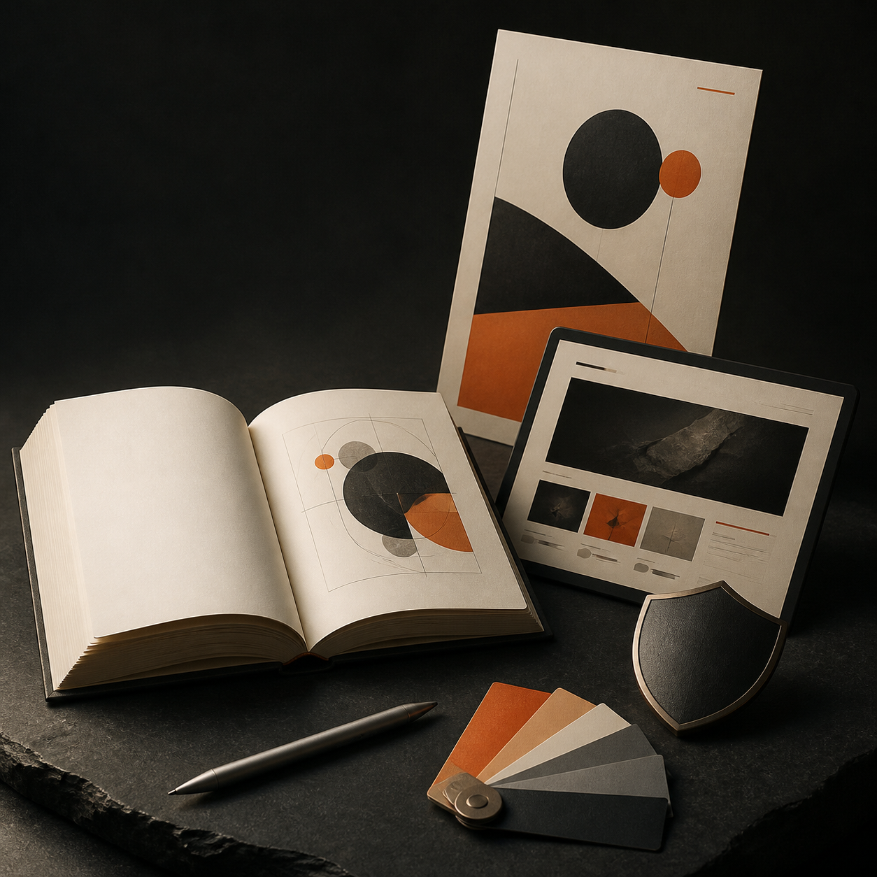 An open book, graphic poster, drawing tablet, color samples, and Studio Seven creative work arranged on a dark desk