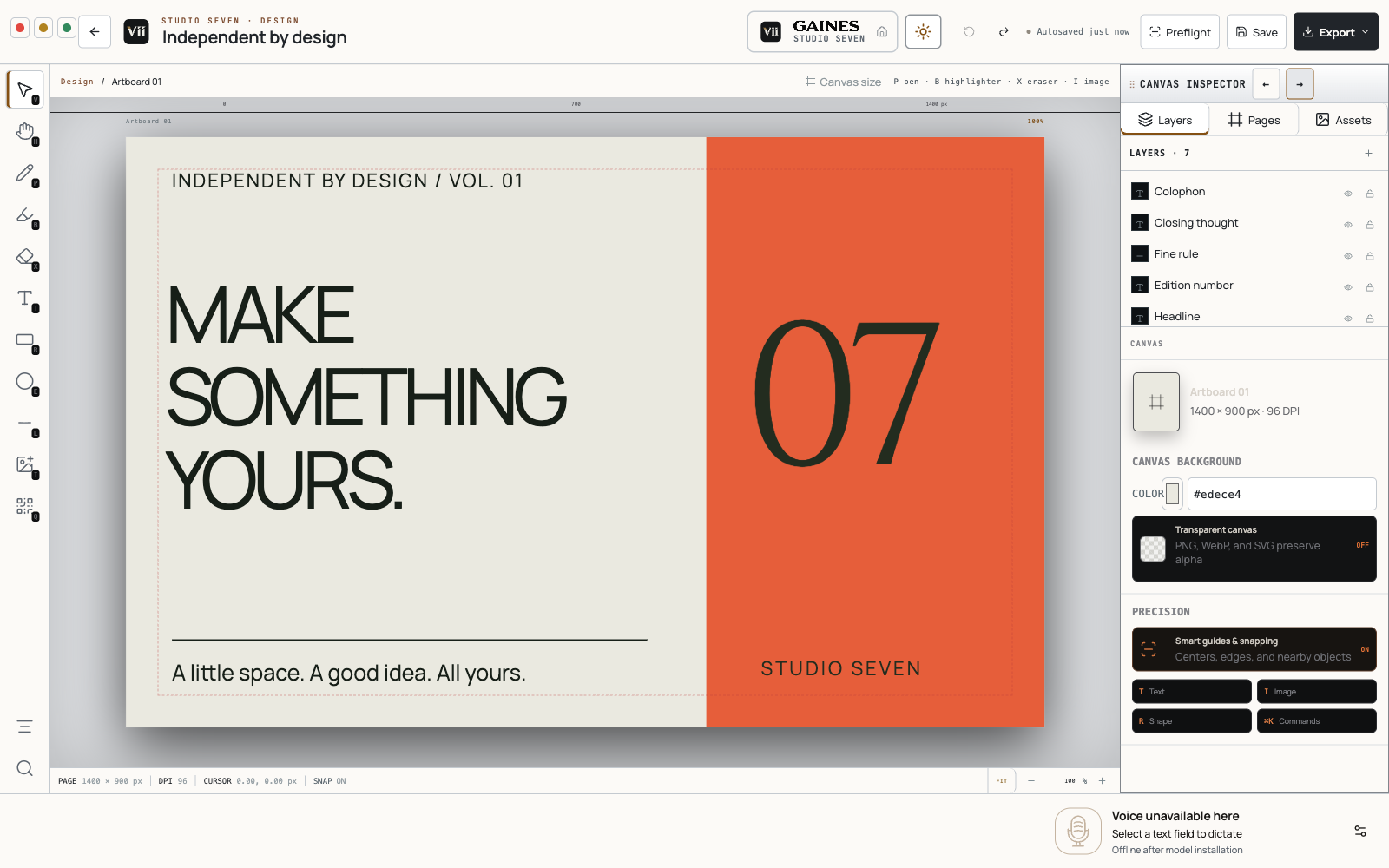 The Studio Seven design workspace with a canvas, drawing tools, and alignment controls